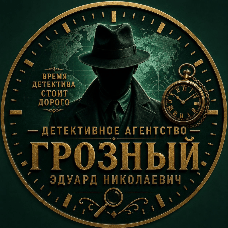 Эмблема детективного агентства Грозного Э.Н. с девизом «Время детектива стоит дорого»