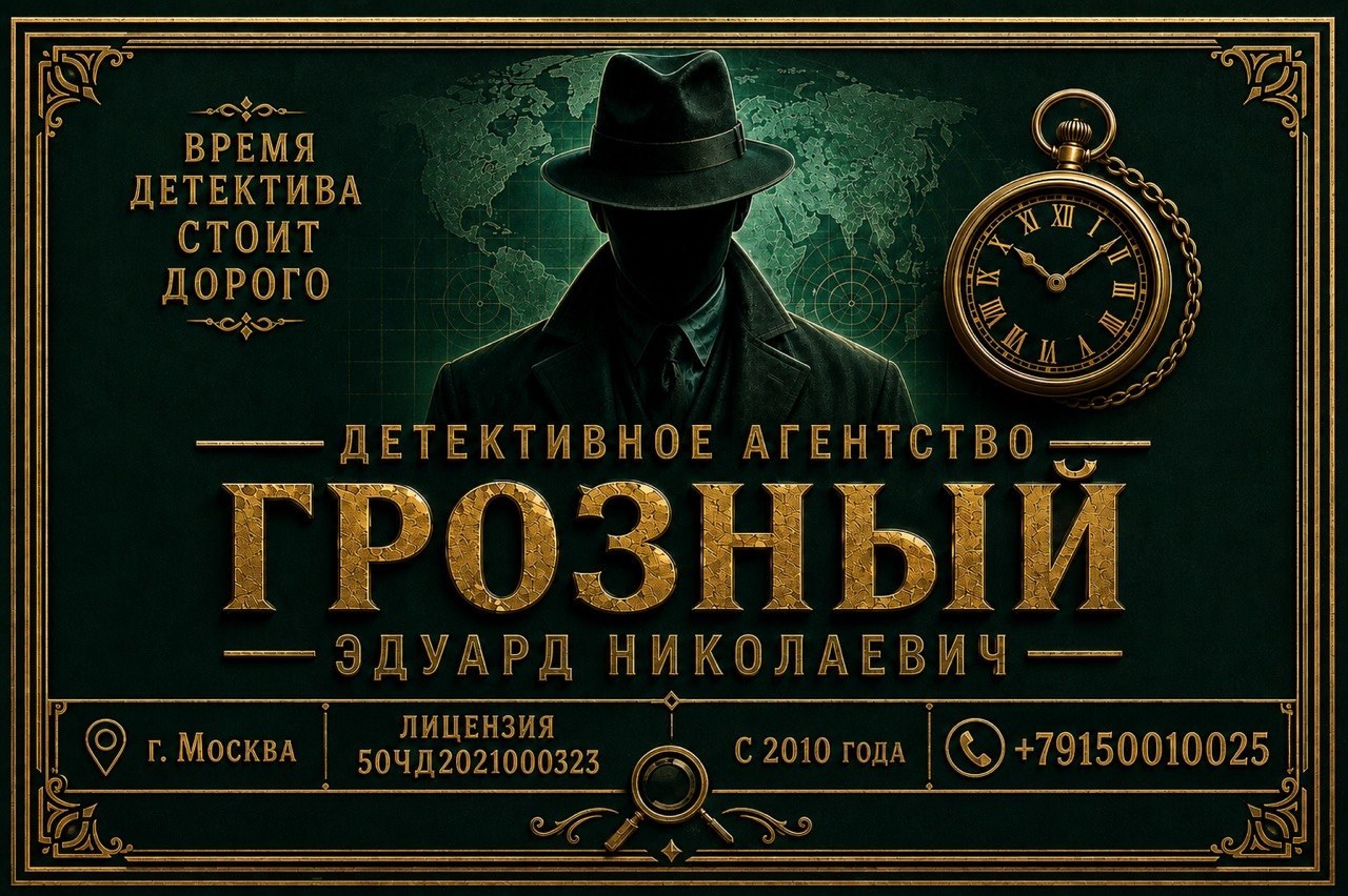 Детективное агентство Грозного Э.Н., г. Москва, с 2010 года, лицензия 50ЧД2021000323. Время детектива — стоит дорого